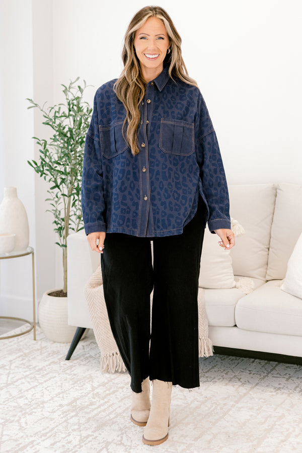 Chic Soul plus size clothing, navy leopard print denim shacket with wooden button enclosure down the front and two breast pockets and collar
