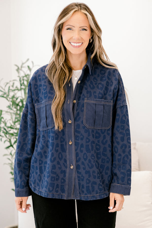 Chic Soul plus size clothing, navy leopard print denim shacket with wooden button enclosure down the front and two breast pockets and collar