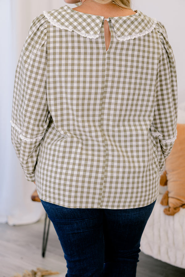 Chic Soul plus size clothing, green plaid long sleeve top with a ruffle detail on the sleeves as well as the neckline 