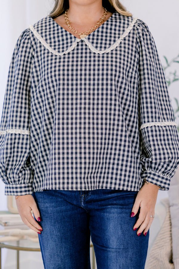 Chic Soul plus size clothing, navy gingham long sleeve top with white trim on sleeve and white trim on peter pan collar