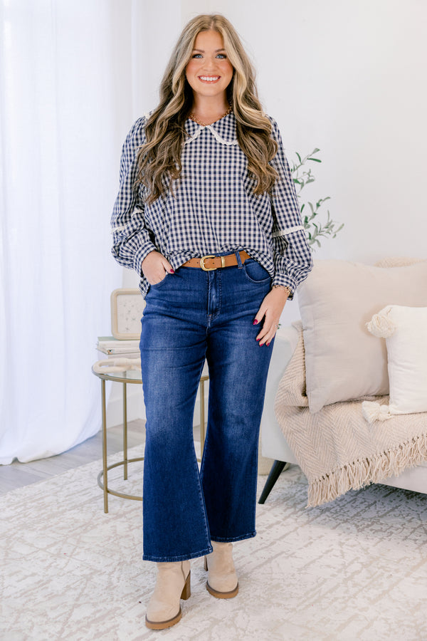 Chic Soul plus size clothing, navy gingham long sleeve top with white trim on sleeve and white trim on peter pan collar