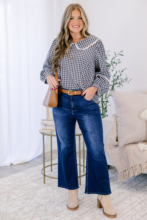 Chic Soul plus size clothing, navy gingham long sleeve top with white trim on sleeve and white trim on peter pan collar