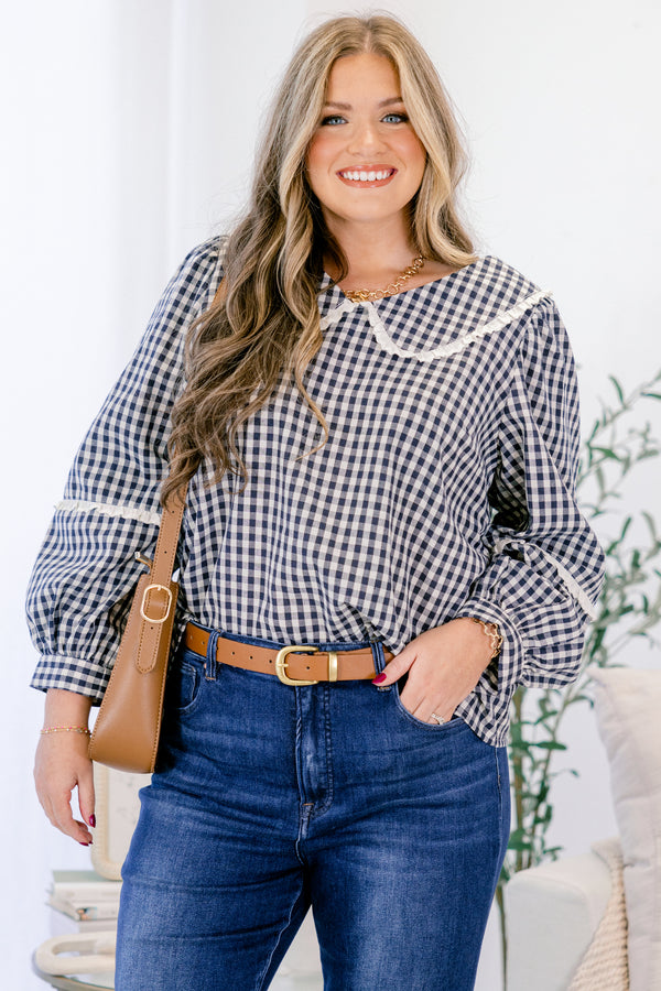 Chic Soul plus size clothing, navy gingham long sleeve top with white trim on sleeve and white trim on peter pan collar