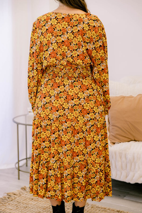 Chic Soul plus size clothing, orange yellow and black multi floral print long sleeve maxi dress