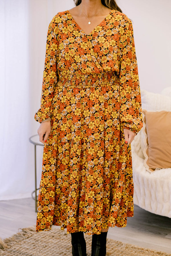 Chic Soul plus size clothing, orange yellow and black multi floral print long sleeve maxi dress