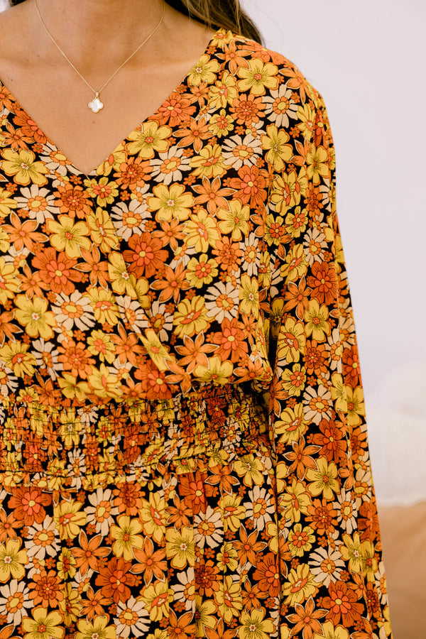 Chic Soul plus size clothing, orange yellow and black multi floral print long sleeve maxi dress