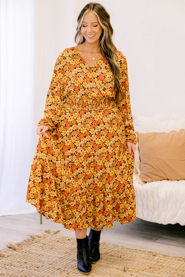 Chic Soul plus size clothing, orange yellow and black multi floral print long sleeve maxi dress
