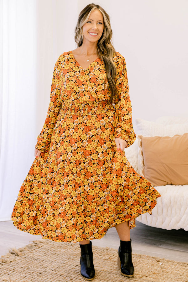 Chic Soul plus size clothing, orange yellow and black multi floral print long sleeve maxi dress