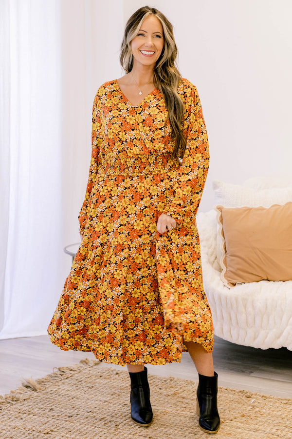 Chic Soul plus size clothing, orange yellow and black multi floral print long sleeve maxi dress