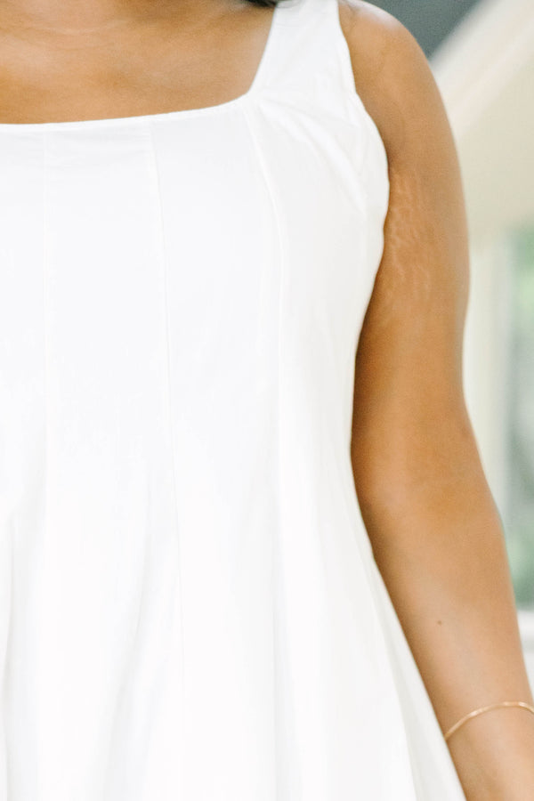 Plus Size white cotton tank mini dress with vertical pintucks and a square neckline.