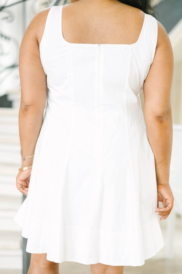 Plus Size white cotton tank mini dress with vertical pintucks and a square neckline.