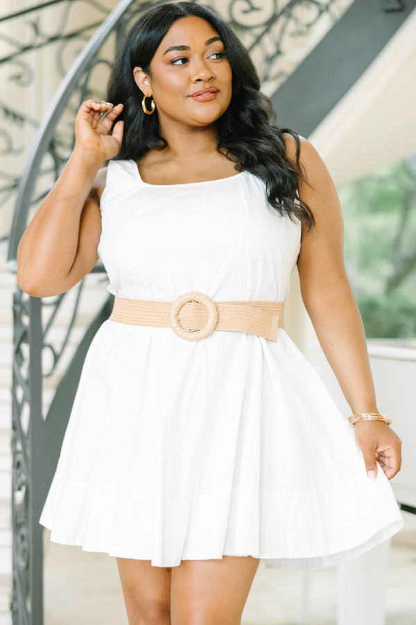 Plus Size white cotton tank mini dress with vertical pintucks and a square neckline.