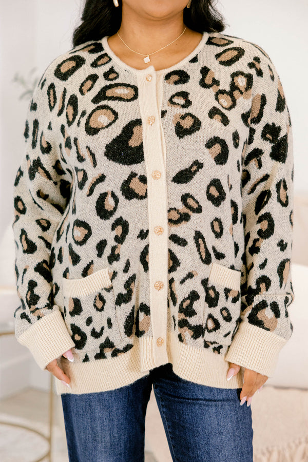 Chic Soul plus size clothing, light tan leopard print button up long sleeve cardigan