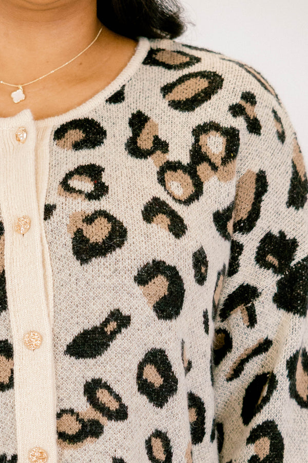 Chic Soul plus size clothing, light tan leopard print button up long sleeve cardigan
