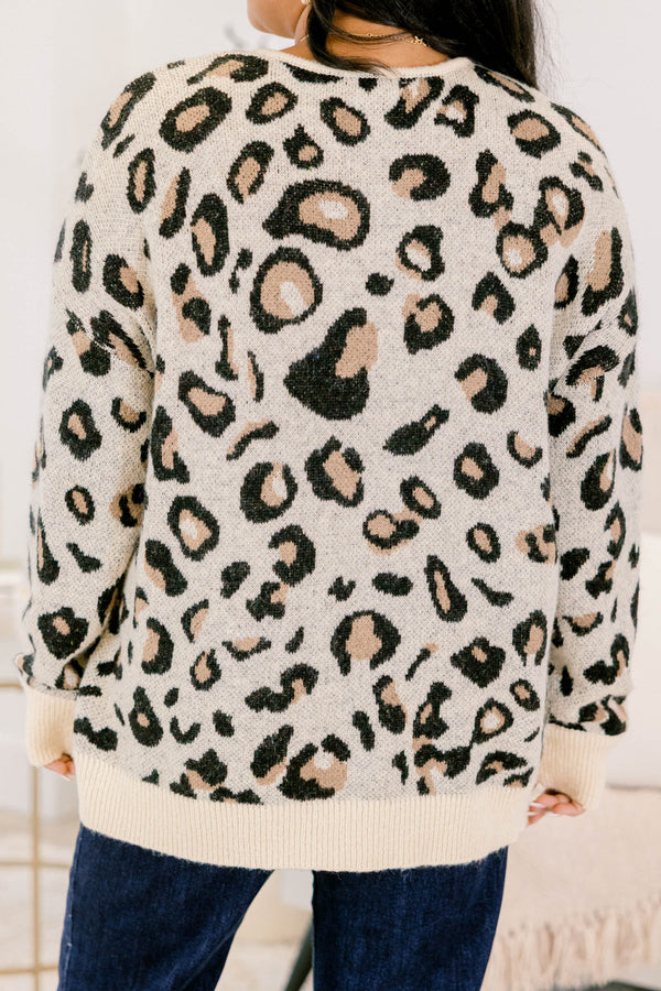 Chic Soul plus size clothing, light tan leopard print button up long sleeve cardigan
