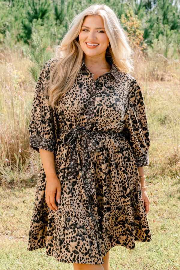 Chic Soul plus size clothing, brown and black leopard print 3/4 sleeve short button up dress with tie belt and collar