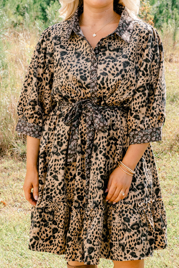 Chic Soul plus size clothing, brown and black leopard print 3/4 sleeve short button up dress with tie belt and collar