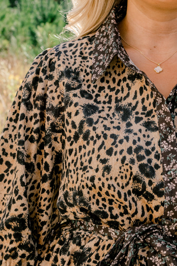 Chic Soul plus size clothing, brown and black leopard print 3/4 sleeve short button up dress with tie belt and collar