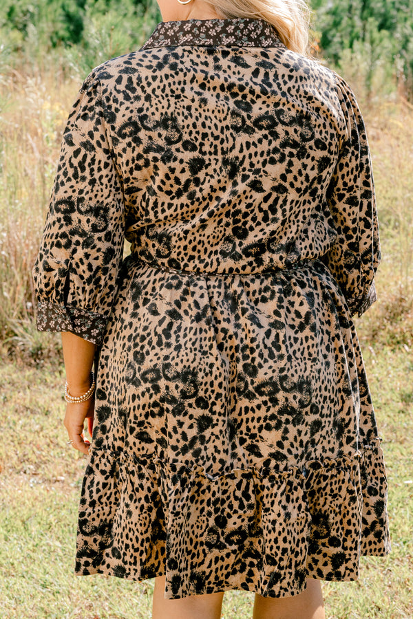 Chic Soul plus size clothing, brown and black leopard print 3/4 sleeve short button up dress with tie belt and collar