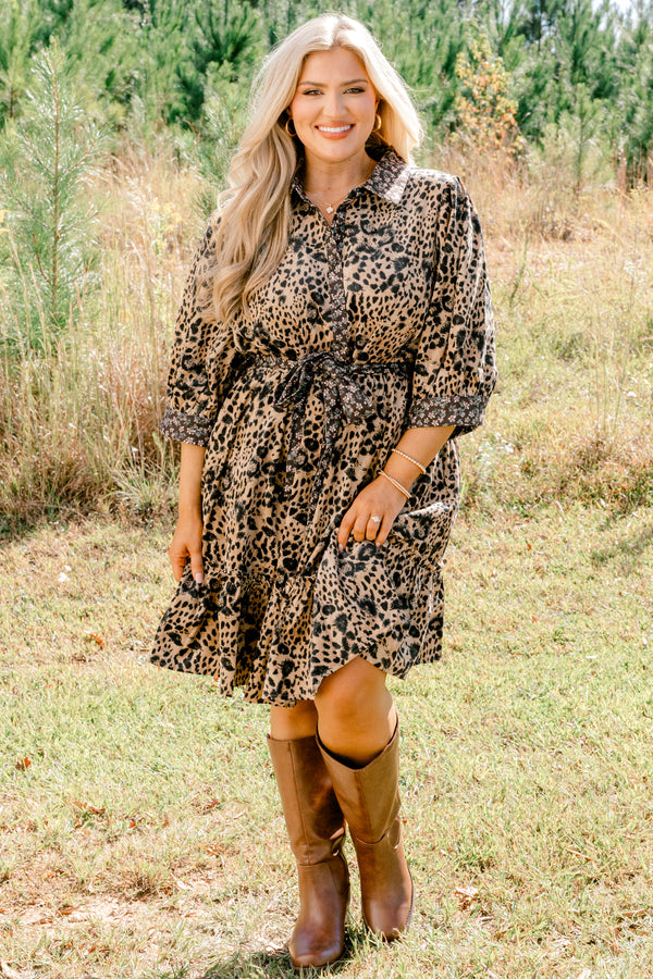 Chic Soul plus size clothing, brown and black leopard print 3/4 sleeve short button up dress with tie belt and collar
