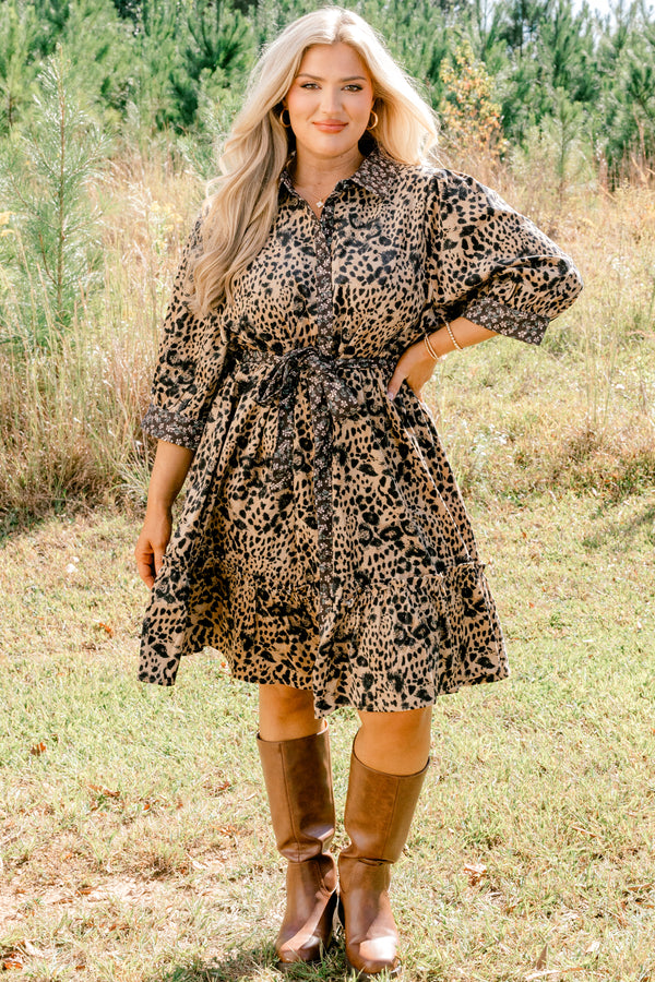 Chic Soul plus size clothing, brown and black leopard print 3/4 sleeve short button up dress with tie belt and collar