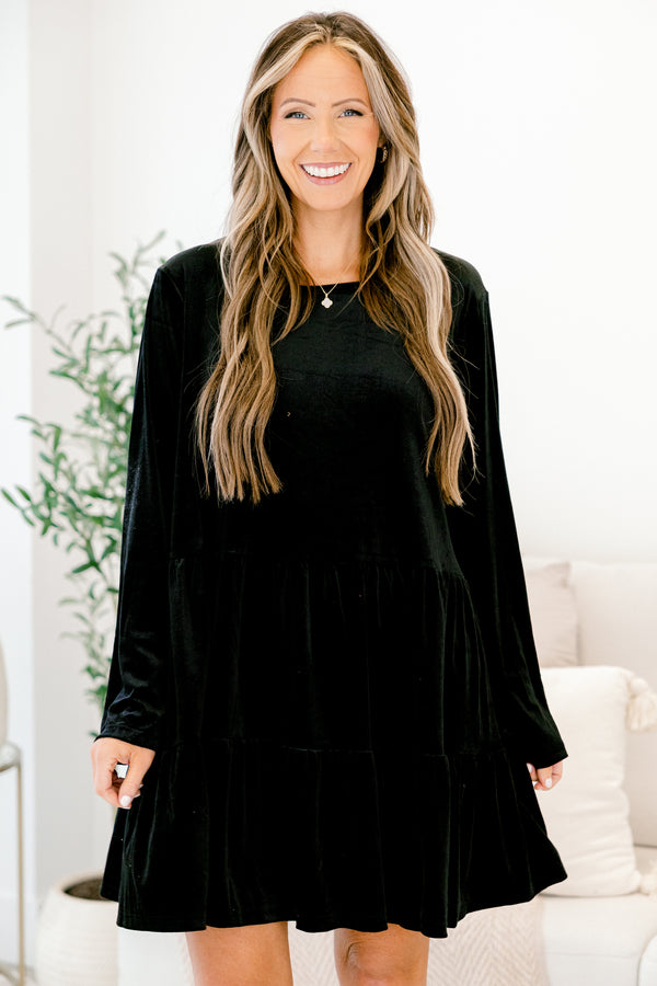 Chic Soul plus size clothing, black long sleeve velour short dress with crew neckline