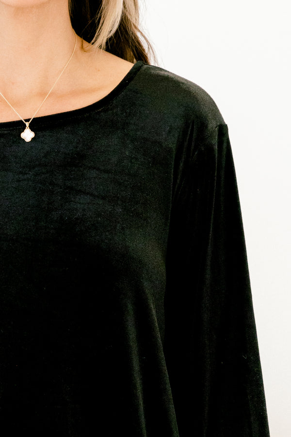 Chic Soul plus size clothing, black long sleeve velour short dress with crew neckline