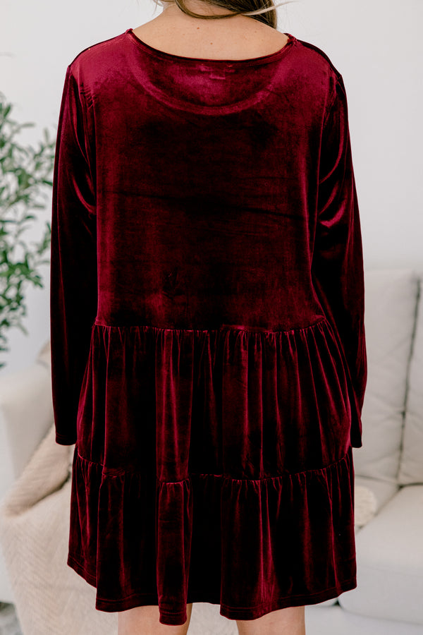 Chic Soul plus size clothing, dark red long sleeve velvet tiered dress