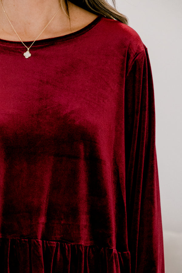 Chic Soul plus size clothing, dark red long sleeve velvet tiered dress