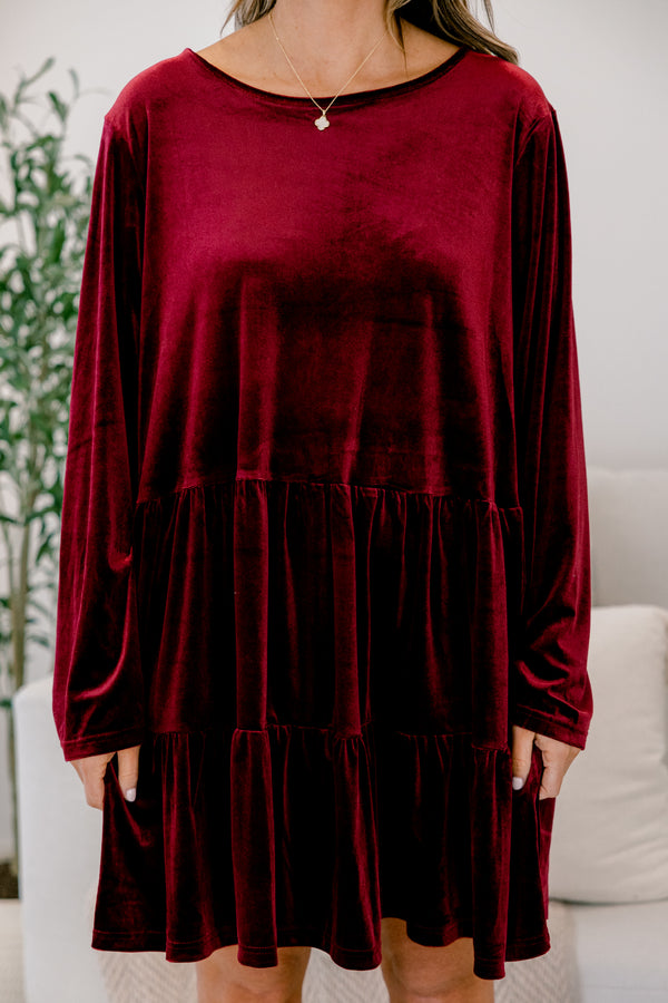 Chic Soul plus size clothing, dark red long sleeve velvet tiered dress