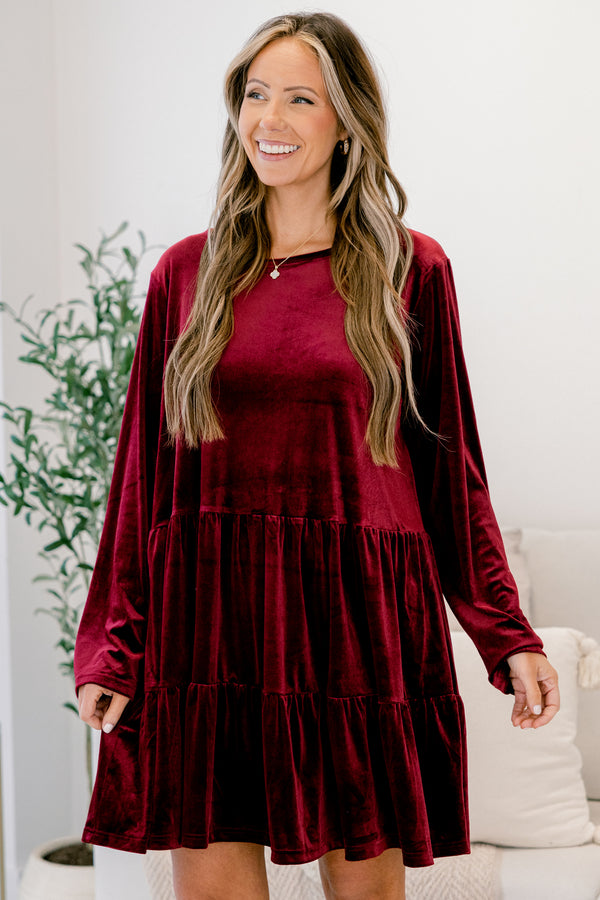 Chic Soul plus size clothing, dark red long sleeve velvet tiered dress