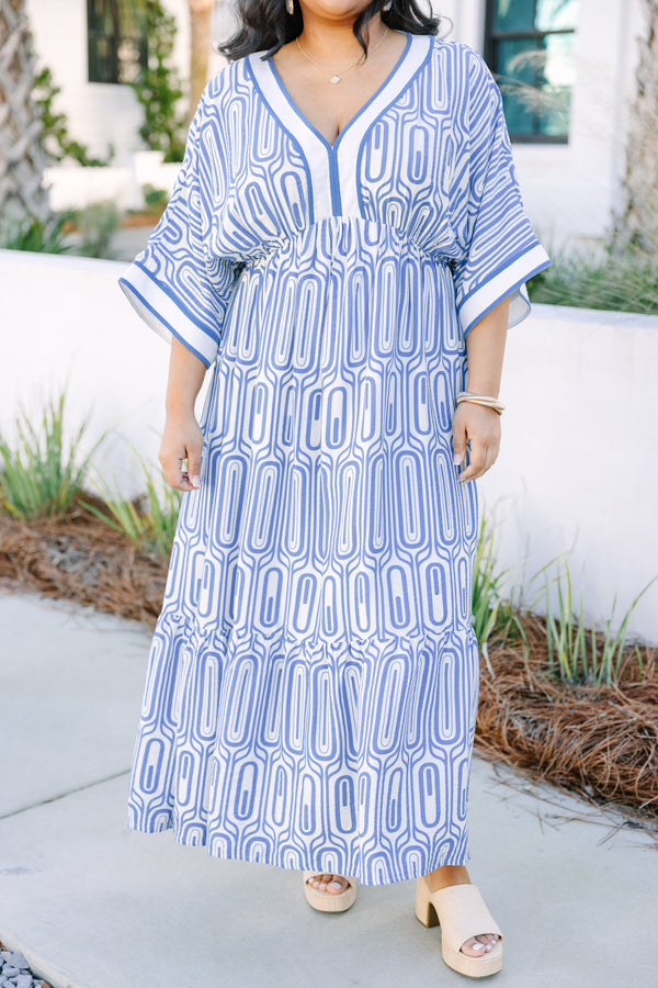 Chic Soul plus size clothing, blue and white geometric pattern short sleeve v neck tiered maxi dress