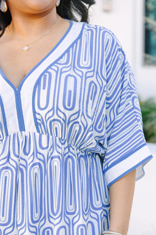 Chic Soul plus size clothing, blue and white geometric pattern short sleeve v neck tiered maxi dress