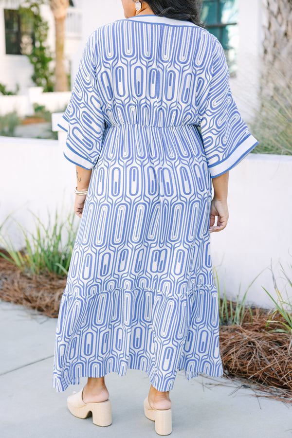 Chic Soul plus size clothing, blue and white geometric pattern short sleeve v neck tiered maxi dress