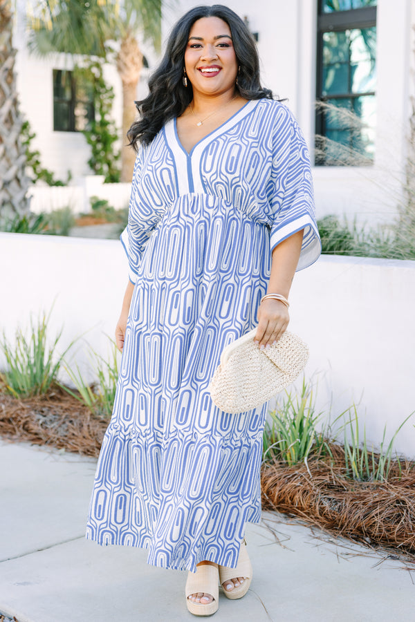 Chic Soul plus size clothing, blue and white geometric pattern short sleeve v neck tiered maxi dress