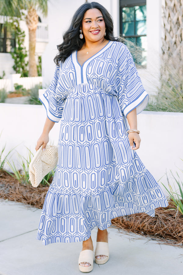 Chic Soul plus size clothing, blue and white geometric pattern short sleeve v neck tiered maxi dress