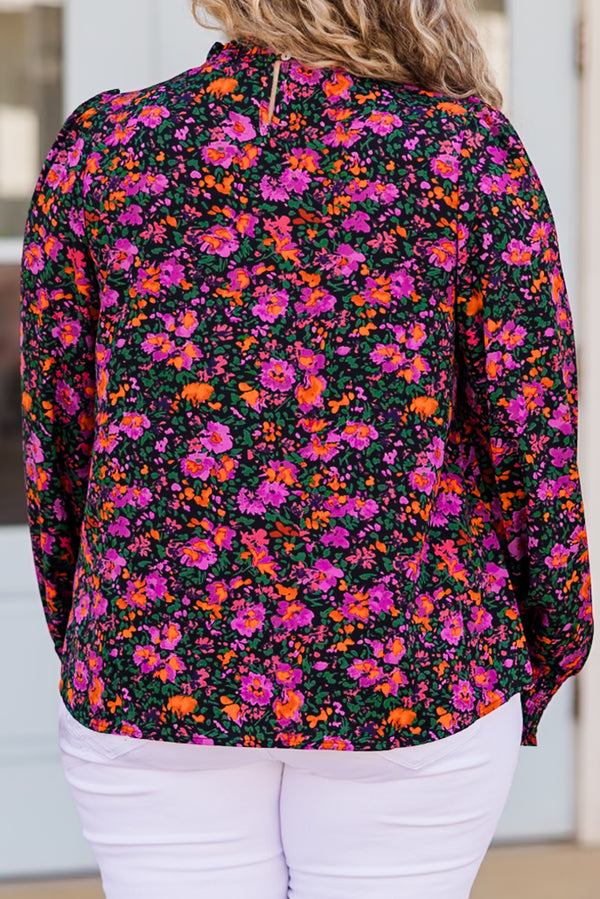 Chic Soul plus size clothing, long sleeve purple floral print top with smocked detail on neckline and sleeve cuff