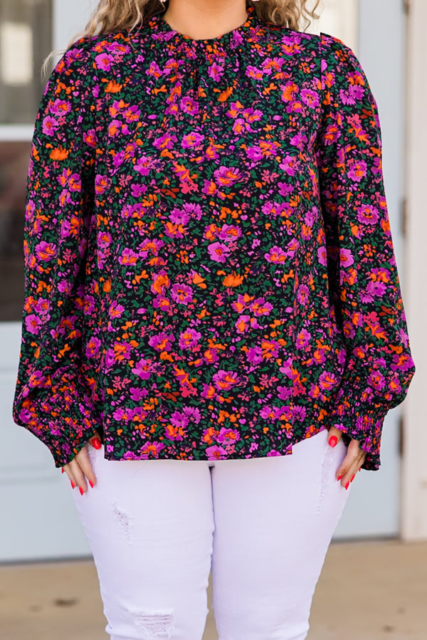 Chic Soul plus size clothing, long sleeve purple floral print top with smocked detail on neckline and sleeve cuff