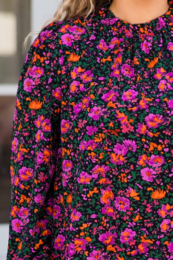 Chic Soul plus size clothing, long sleeve purple floral print top with smocked detail on neckline and sleeve cuff