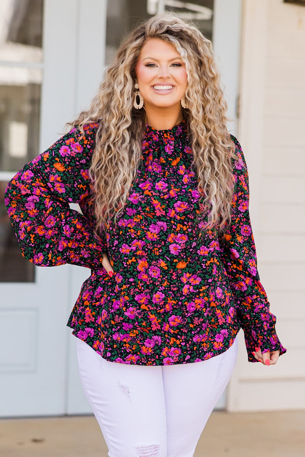 Chic Soul plus size clothing, long sleeve purple floral print top with smocked detail on neckline and sleeve cuff