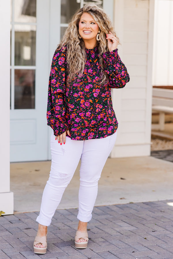 Chic Soul plus size clothing, long sleeve purple floral print top with smocked detail on neckline and sleeve cuff