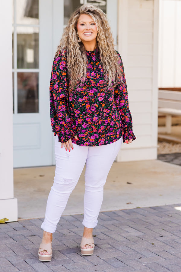 Chic Soul plus size clothing, long sleeve purple floral print top with smocked detail on neckline and sleeve cuff