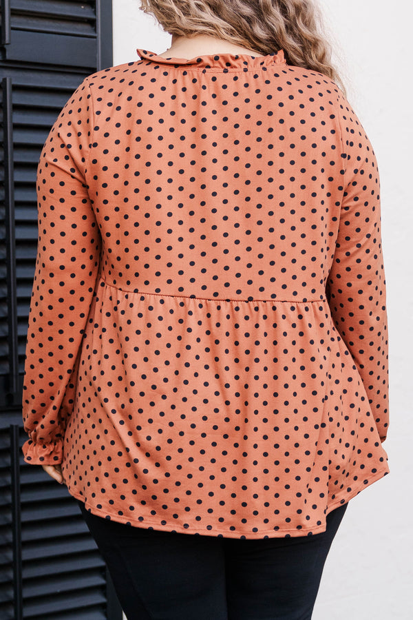 Chic Soul plus size clothing, camel colored polka dot pattern top with ruffled high neckline and bubble sleeves