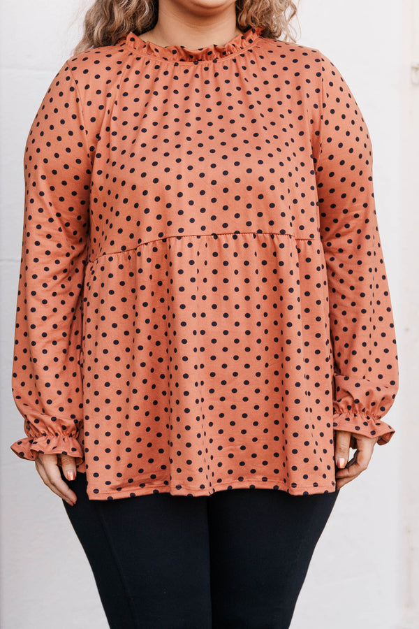 Chic Soul plus size clothing, camel colored polka dot pattern top with ruffled high neckline and bubble sleeves