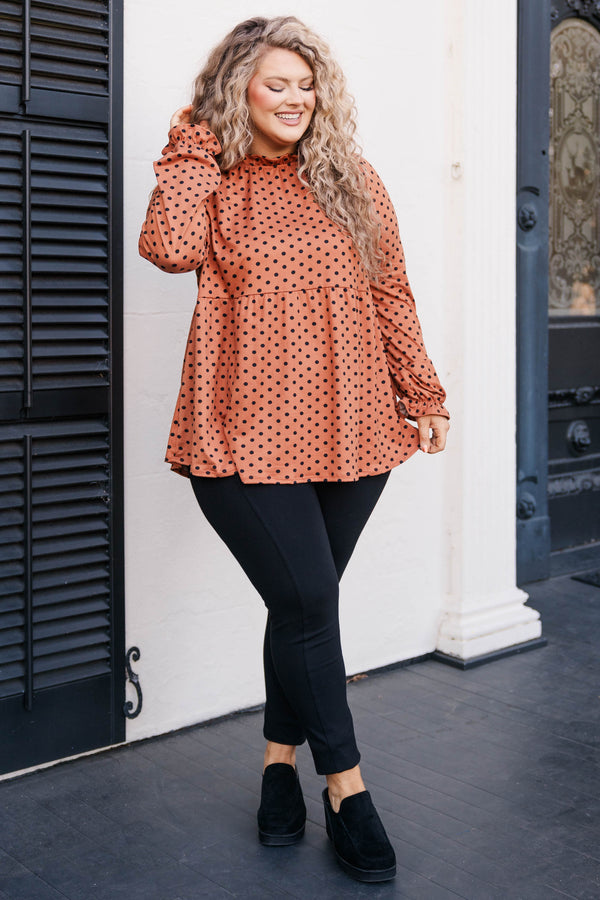 Chic Soul plus size clothing, camel colored polka dot pattern top with ruffled high neckline and bubble sleeves