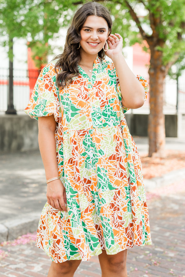 Chic Soul plus size clothing, orange short sleeve multi abstract print mini dress with tiered detail and v cutout along neckline with puff sleeves