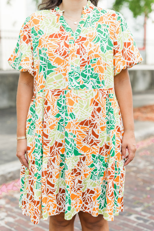 Chic Soul plus size clothing, orange short sleeve multi abstract print mini dress with tiered detail and v cutout along neckline with puff sleeves