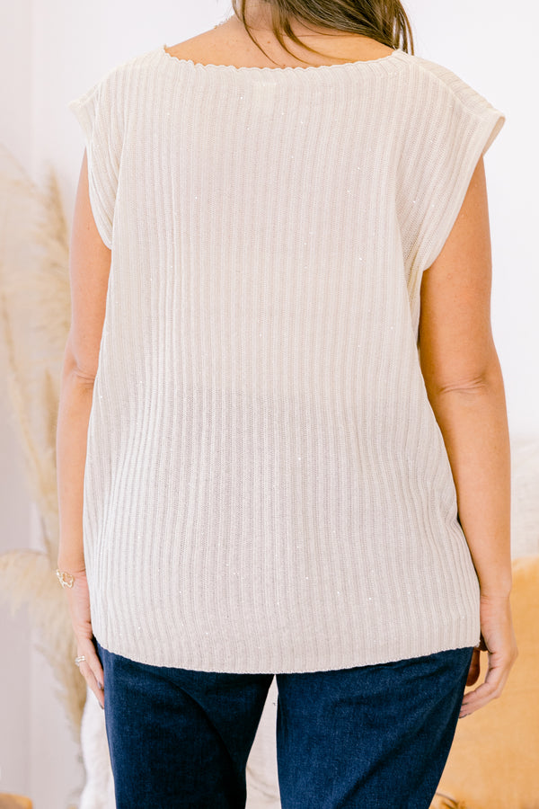 Chic Soul plus size clothing, short-sleeve ivory white chunky knit soft top with a high-scoop-neckline 