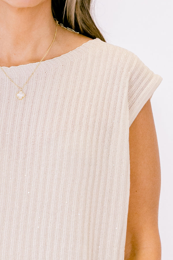 Chic Soul plus size clothing, short-sleeve ivory white chunky knit soft top with a high-scoop-neckline