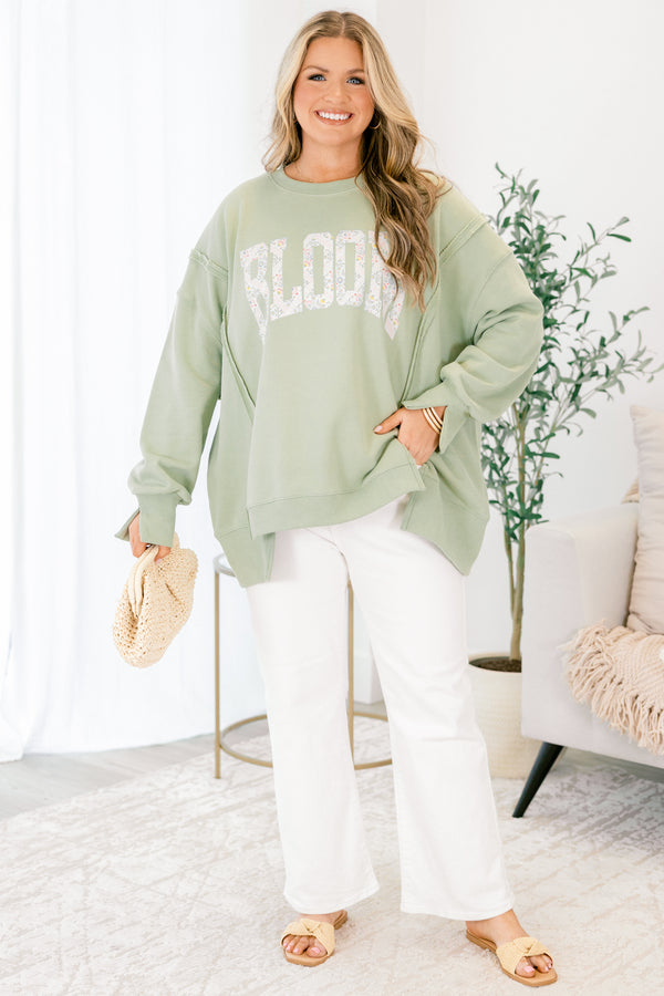 Chic Soul plus size clothing, light sage long sleeve crew with 